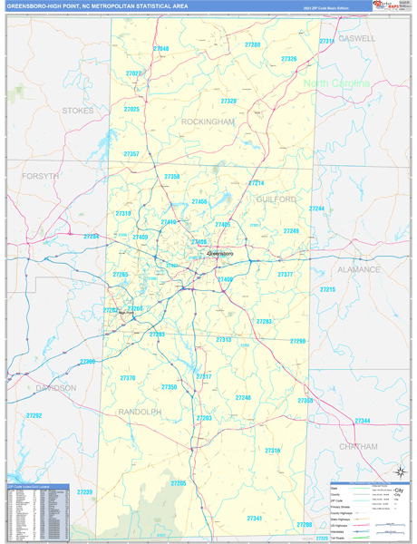 Greensboro-High Point Metro Area Wall Map Basic Style
